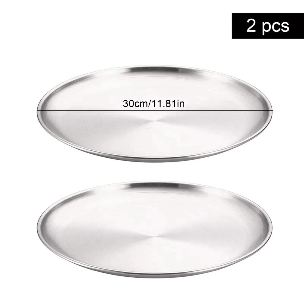 2Pcs Round Dining Stainless Steel Metal Disc Bone Spitting Dish High Quality Shallow Tray Silver BBQ Disc Kitchen Plate
