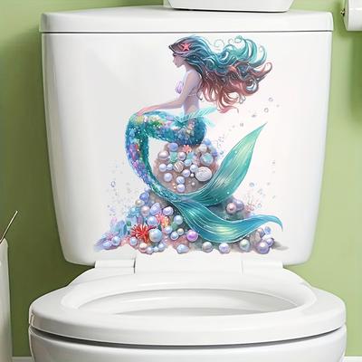 Watercolor Cute Cartoon Mermaid Toilet Lid Sticker Waterproof Self-Adhesive Removable for Bathroom Home Decor