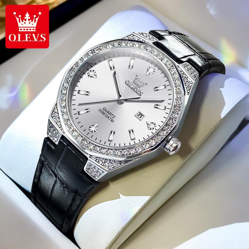 OLEVS Women's Watches Pink Watch Girl for Women Leather Strap Waterproof Full Diamond Bezel Elegant Ladies' Watches