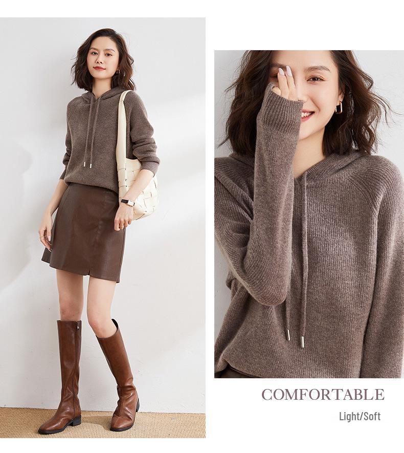 Women's Oversized Hooded Knit Sweater - Cozy Autumn/Winter Drawstring Pullover, Versatile Solid Color.