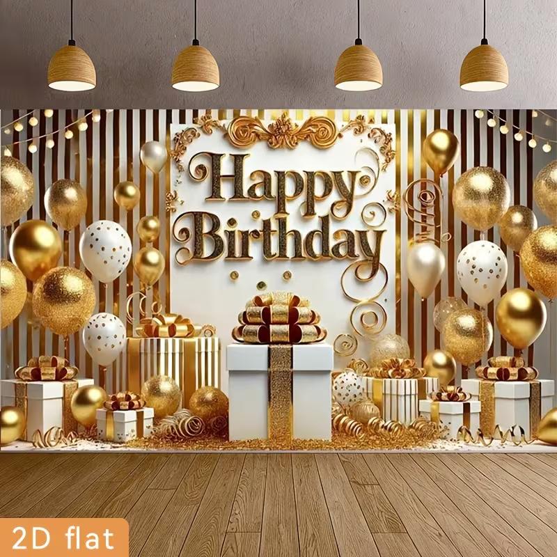 

2D Gold Happy Birthday Backdrop, White Gold Balloon Gift Box Photography Background for Party 47.2x31.5inch/120*80cm
