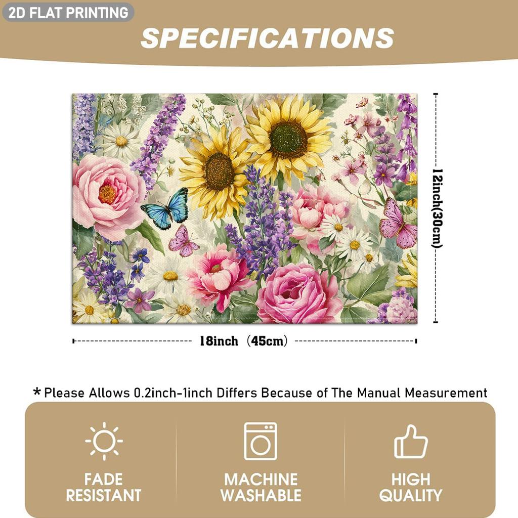 4/6pcs, Sunflower, Rose, Lavender And Butterfly Pattern Placemats, Floral Plant Design, Suitable for Indoor/Outdoor Party Restaurant Decoration, Kitch