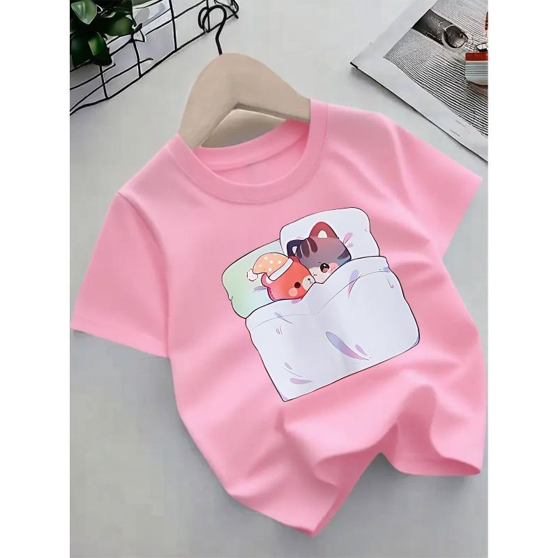 European sizes Cute And Comfortable Short-Sleeve T-Shirt Featuring a Cartoon Cat Pattern, Perfect for Children in Summer.