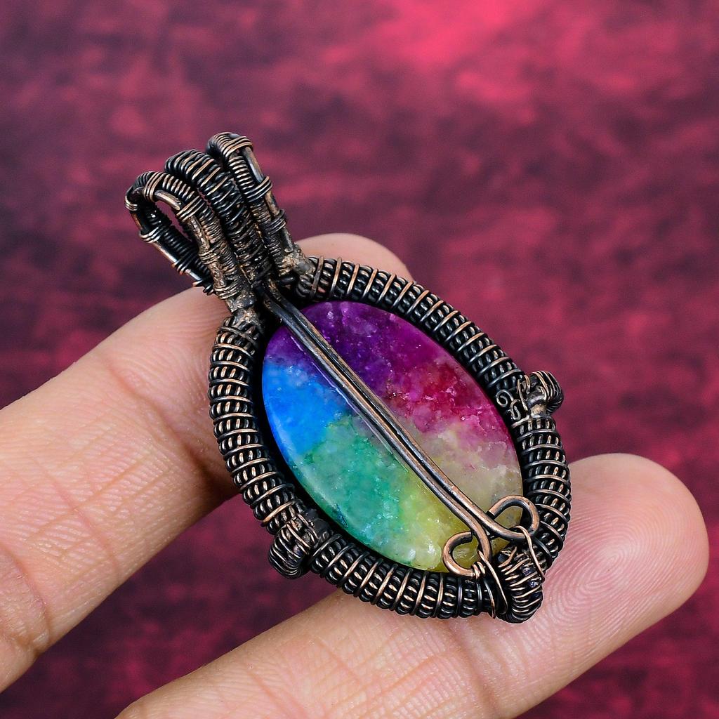 Rainbow Solar Quartz Druzy Gemstone Pendant Copper Wire Wrapped Designer Jewelry