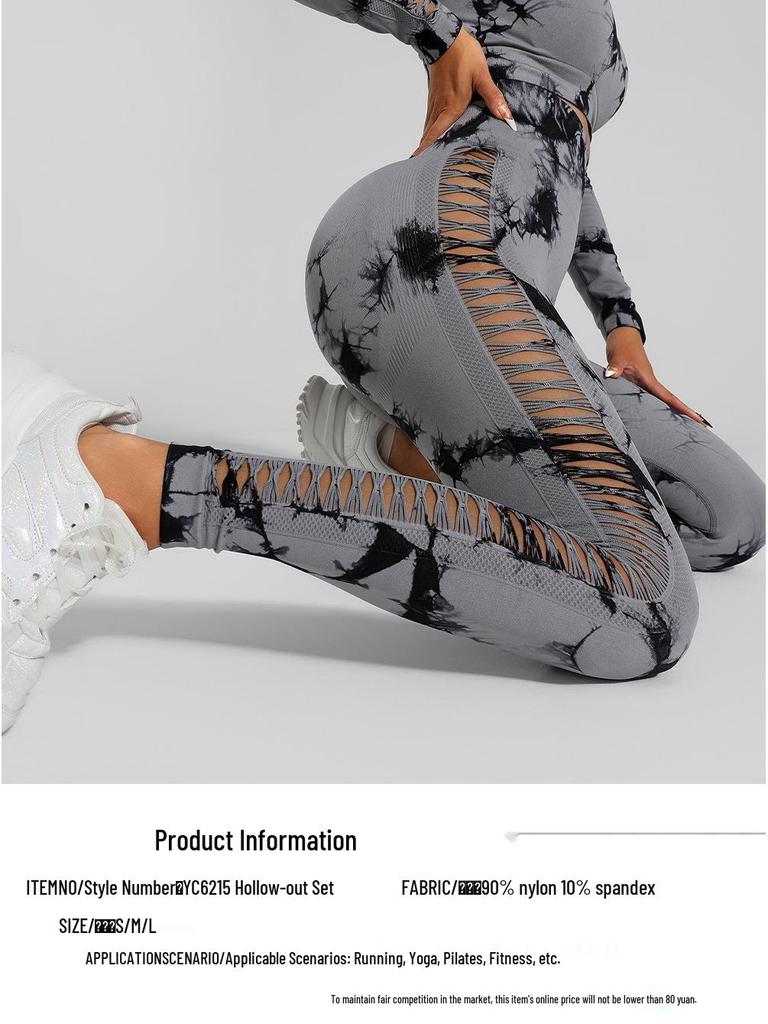 European American Tie-Dye Butt-Lift Yoga Set: Long Sleeve, Seamless Fitness Clothing with Hollow Out Design
