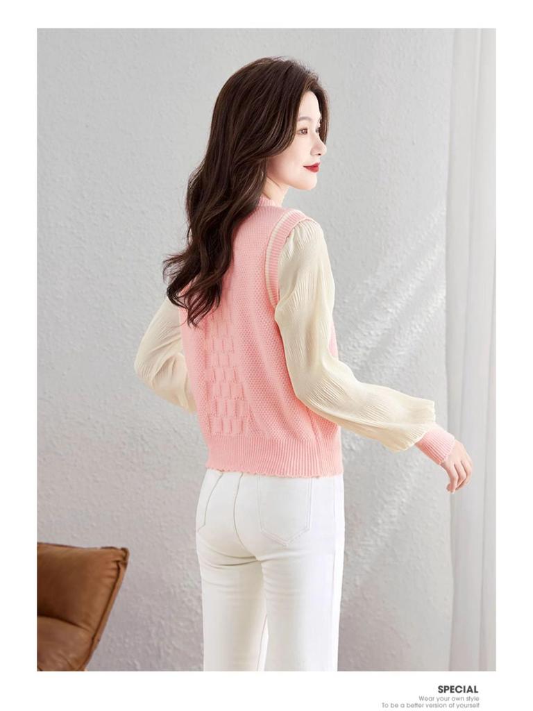 French Retro College Style Long-Sleeve Round Neck Spliced Two-Piece Shirt for Women