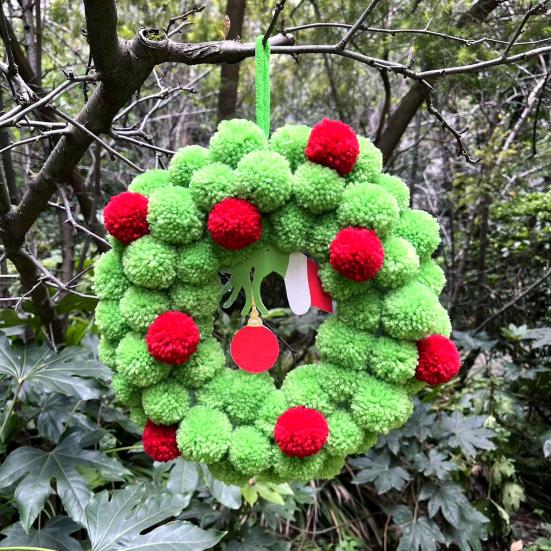 13 Inch Christmas Green Elf Wreath for Front Door Plush Pompom Ball Wreath with Wooden