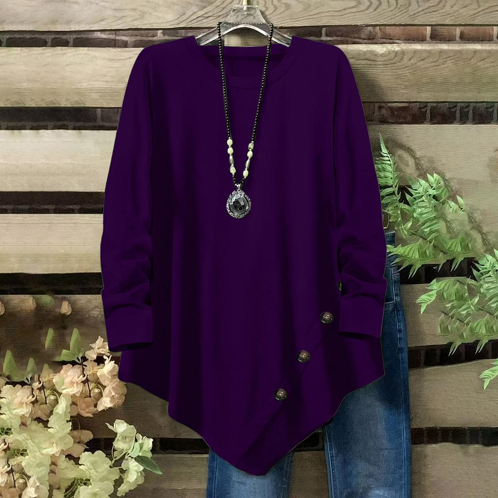 Women's Color Casual Top With Irregular Hem And Button Decoration