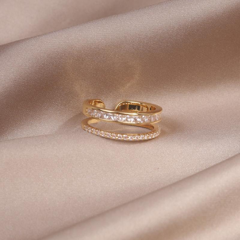 Korea Modeschmuck 14 Karat Echtvergoldung Doppelzircon Ring Elegante Damenöffnung Einstellbar Tägliches Arbeitszubehör