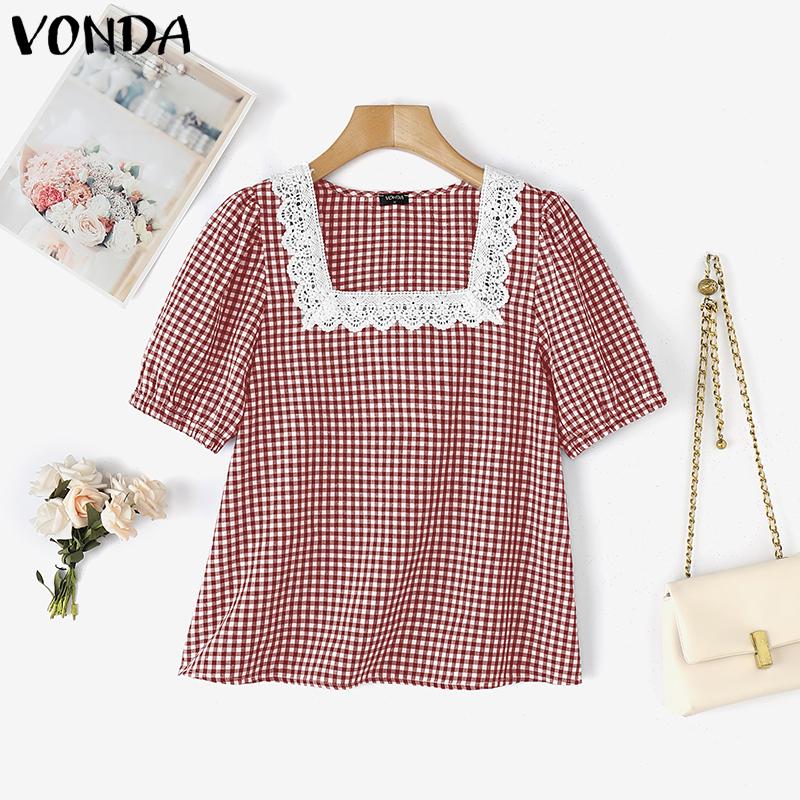 VONDA Summer Women Square Collar Plaid Lace Hem Patchwork Puff Sleeve T-shirts