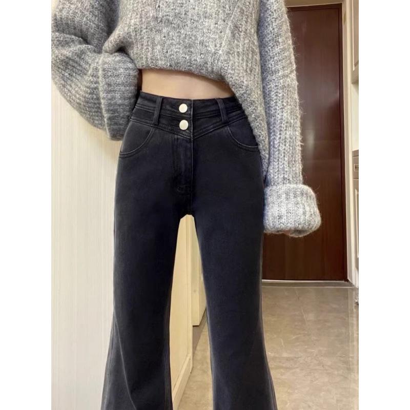 Women's Spring 2026 Retro Black Wide-Leg Micro-Flare Denim Pants