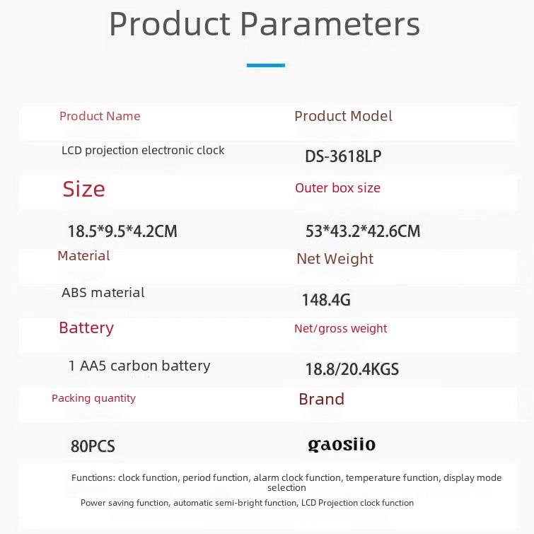 Large Screen LED Projection Alarm Clock with Mirror Display, Multifunctional Digital Clock 3618LP