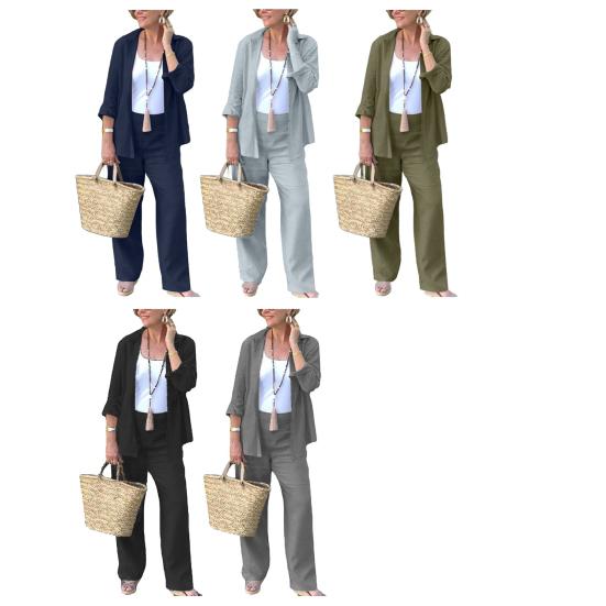2Pcs/Set Women Casual Outfit Lapel Long Sleeve Buttons Closure Shirt High Waist Straight Wide Leg Long Pants Set Daily Wear
