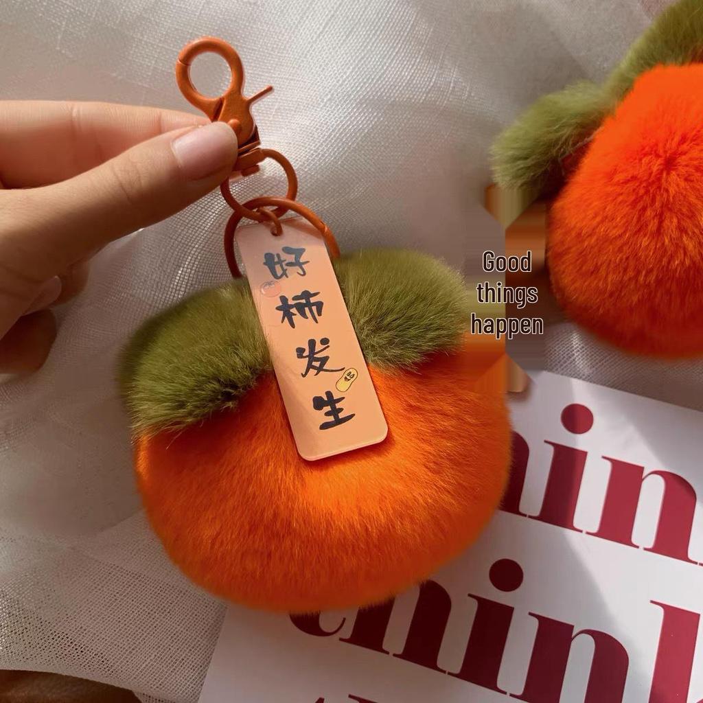 Small Persimmon Pendant with Rex Rabbit Fur, Cute Plush Ball Keychain Bag Charm - Birthday Gift