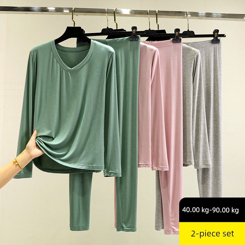 Modal Autumn Suit Women's Spring & Fall Thin Plus Size Pure Color Long Sleeves T-Shirt Inner Wear Tight Thermal Top Thermal Pants