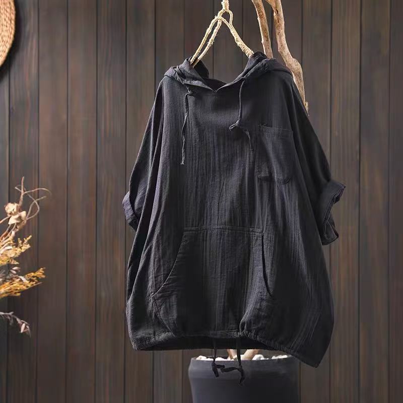 Women Hooded Casual Cotton T-Shirts Half Sleeve Summer Tees 2025 New Solid Color Loose Pockets Soft Cotton T-Shirts