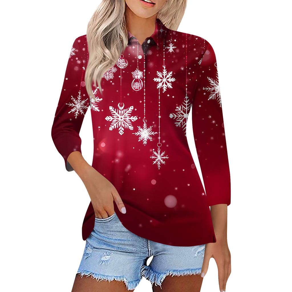 Mote dame casual revers kort 3/4 ermet juleprint skjorte dame knapp opp topper