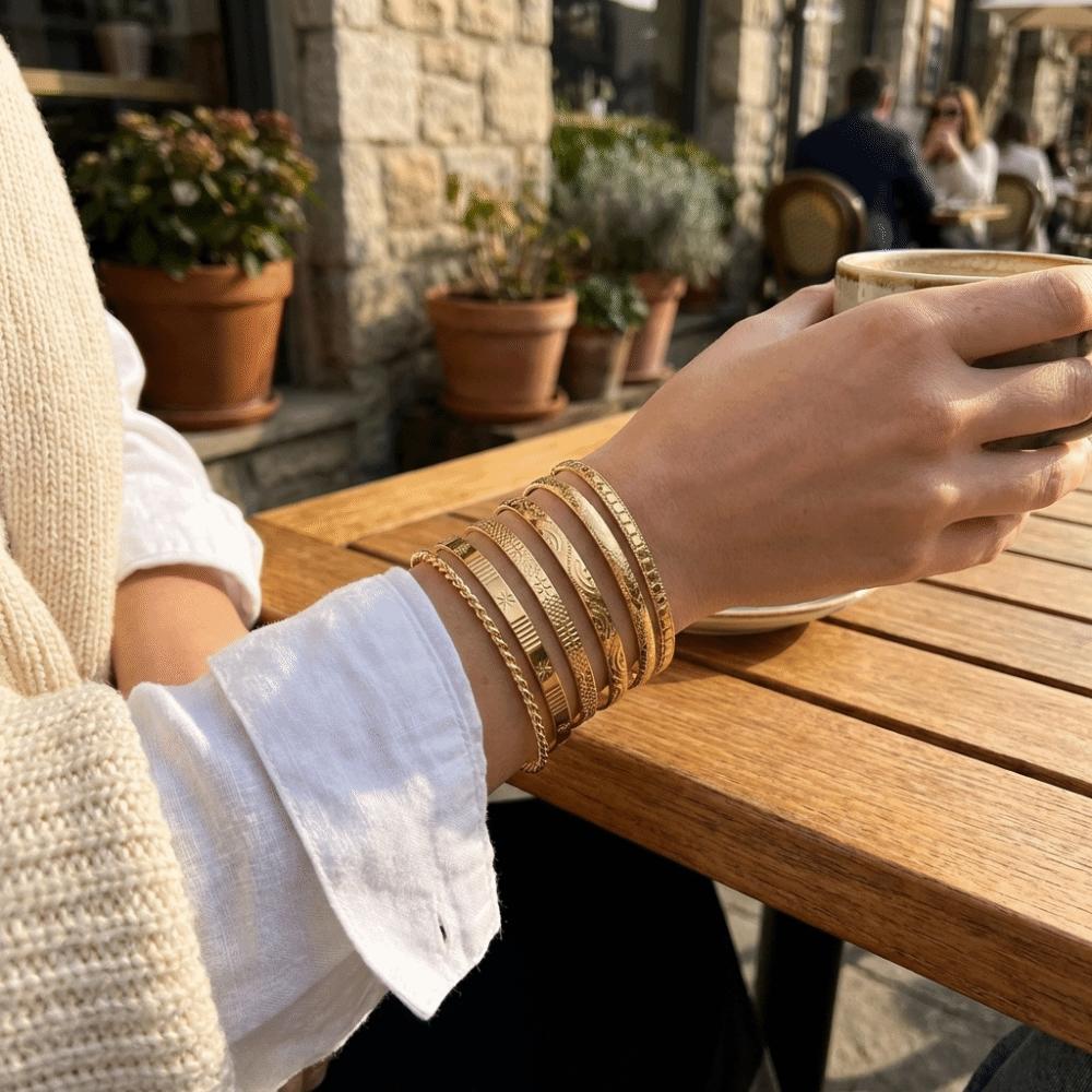 7 Pcs/Set Stackable Gold Color Bracelets Versatile Heart Prints Bracelets Women