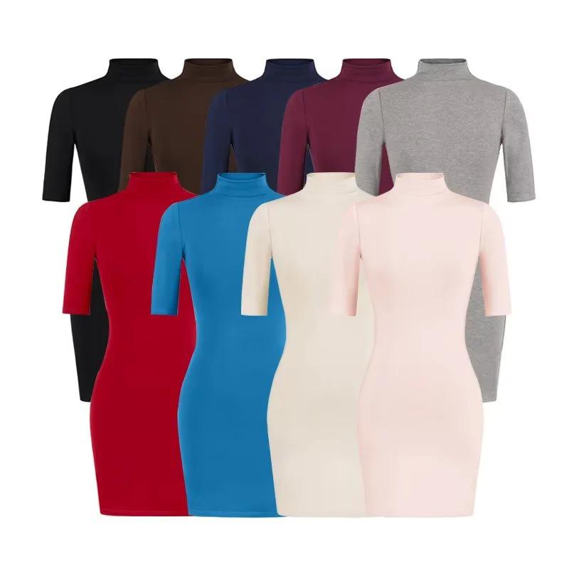 Pure Desire High Neck Slim Fit Mid-Sleeve Dress for Women – Waist-Cinched Hip-Hugging Skirt