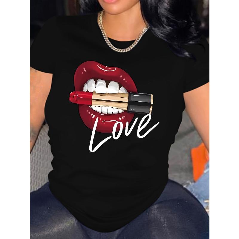 

European Size Vacation Style 2026 Spring/Summer Lip Graphic Print Women s Short Sleeve T-Shirt 4XL чорний