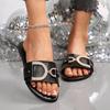 Women'S Glittery Rhinestone-Embellished Black Slide Sandals -Comfortable Flat Sole, Open-Toe Summer Slippers for Casual & Outdoor Wear, Ladies Sandals