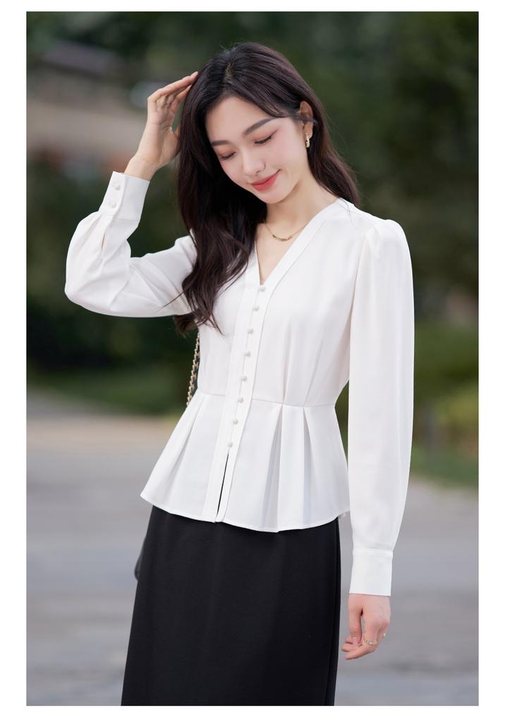 Design Sense Pinch Pleats Tucked Waist Slimming Shirt for Women