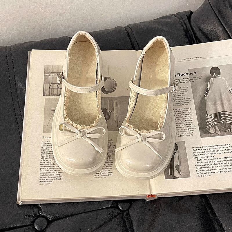 French Bow Lace Thick Heel Mary Jane Shoes Women's 2025 Autumn New Versatile Light Mouth British Style Small Leather Shoes