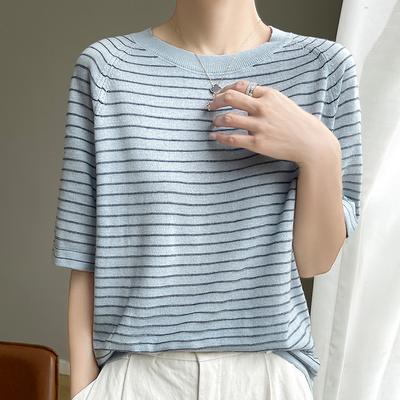 Tian Seide Rundhals Kurzarm Damen Leicht und Weich Liebe Stickerei Altersreduzierend Streifen Gestrickter Pullover Kurzarm T-Shirt Sommer