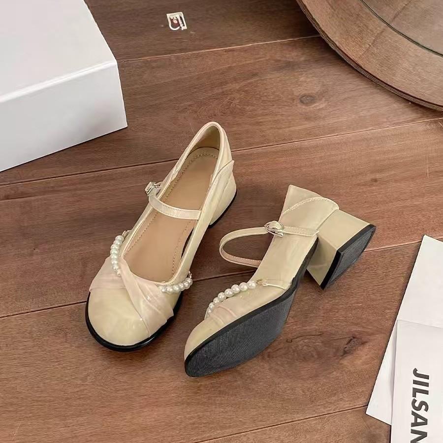 Skinny French Mary Jane shoes soft leather light mouth thick heel pearl single shoes with skirt fairy style foreign style versatile shoes