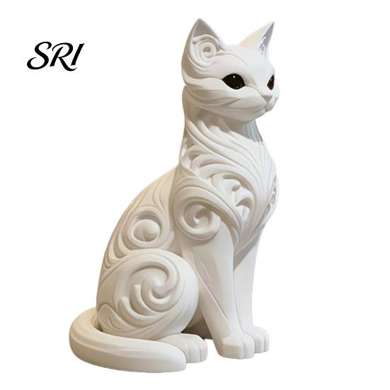 Desktop Cat Ornament 3D Printed Sitting Figurine Baroque Carving Kitten Statue Compact Sculpture Home Office Decoration Gift for Lovers Retro белый