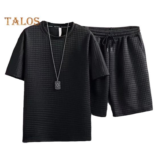 

2 шт./компл. мужской наряд из вафельной ткани, однотонный спортивный костюм с круглым вырезом и коротким рукавом, шорты на шнурке, комплект повседневной спортивной одежды L чёрный