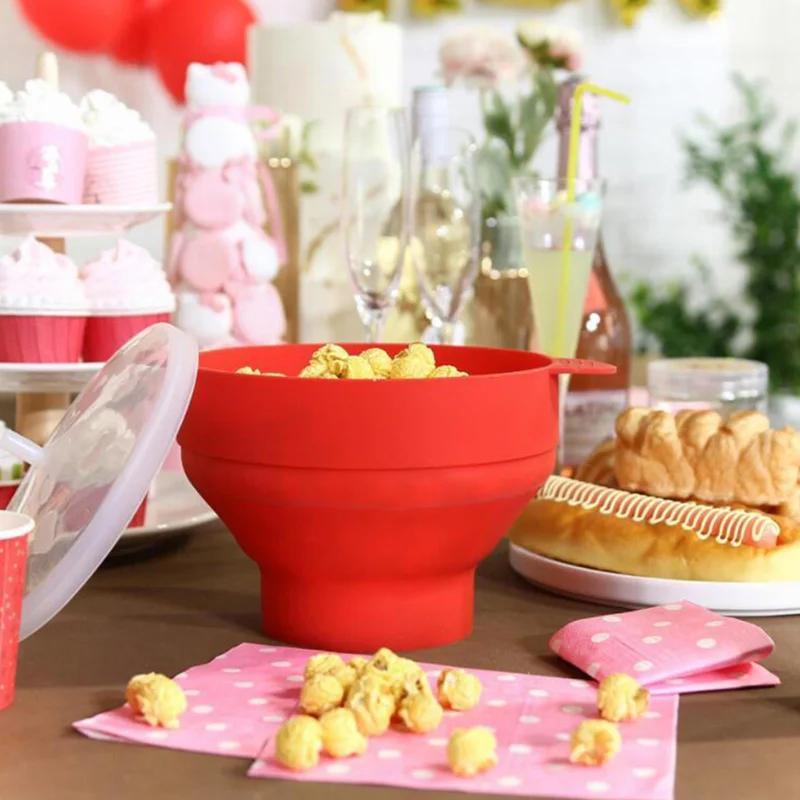 Silicone Popcorn Bowl with Handle Microwave Oven Folding Popcorn Bucket High Temperature Resistant Large Popcorn Bucket with Lid