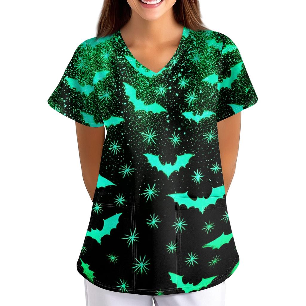 Women's Halloween Print Loose Fit V Neck Short Sleeve Medical Scrub Top with Pockets for Healthcare Professionals Comfortable Workwear