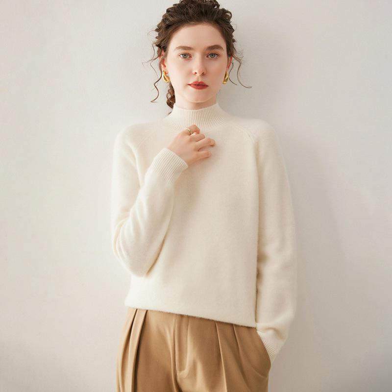 Women's Cashmere Double-Ply Thick Knit Sweater - Half-High Neck, Drop Shoulder, Versatile Solid Color, Autumn/Winter Warm Base Layer