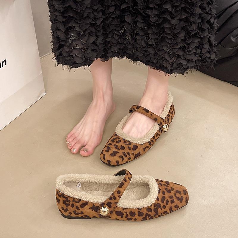 Fashion Women's Casual Square Toe Comfortable Leopard Print Plus Velvet Warm Flat Shoes for Women Elegant Suede Low-top Shoes