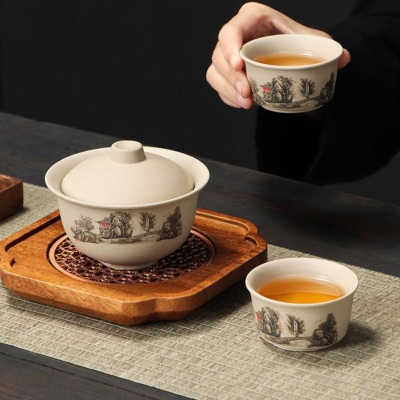 Stoneware Kungfu TeaSet - SancaiLiddedBowl & Teacups for CorporateGifts StoreOpening TraditionalChineseCeramic Commemorative Set