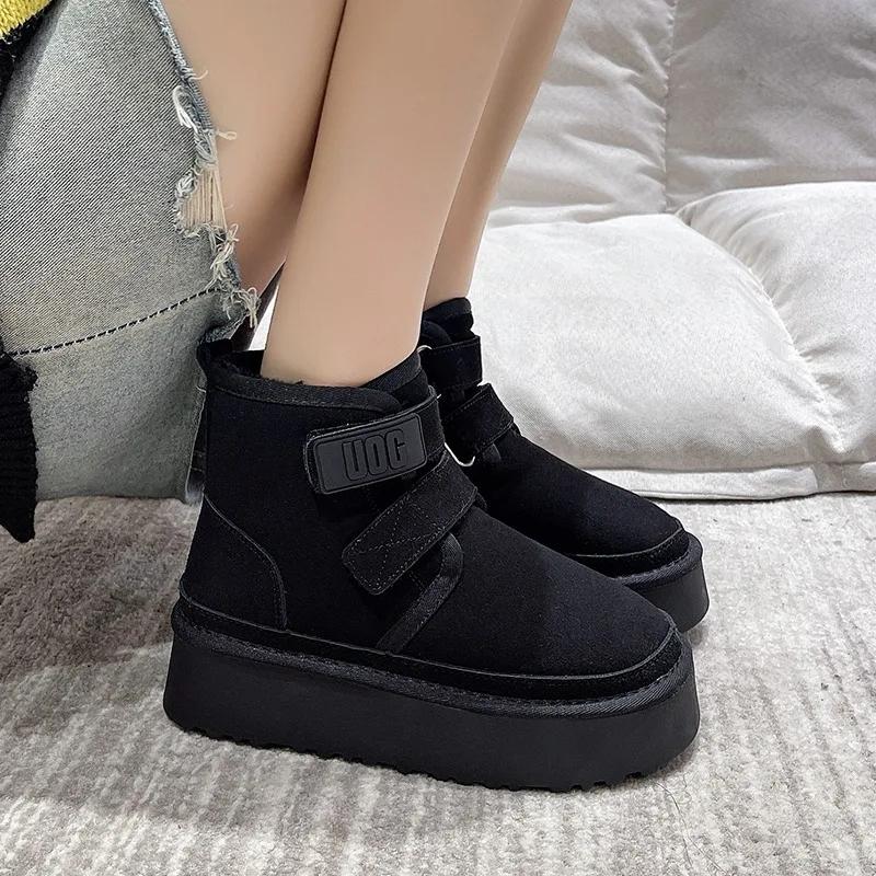 Mode 2024 Winter Outdoor Knöchel Schneestiefel Damen Plüsch Warme Schuhe Klassische Ultra Plattform Rindsvelours Pelzig Klettverschluss Flache Stiefeletten