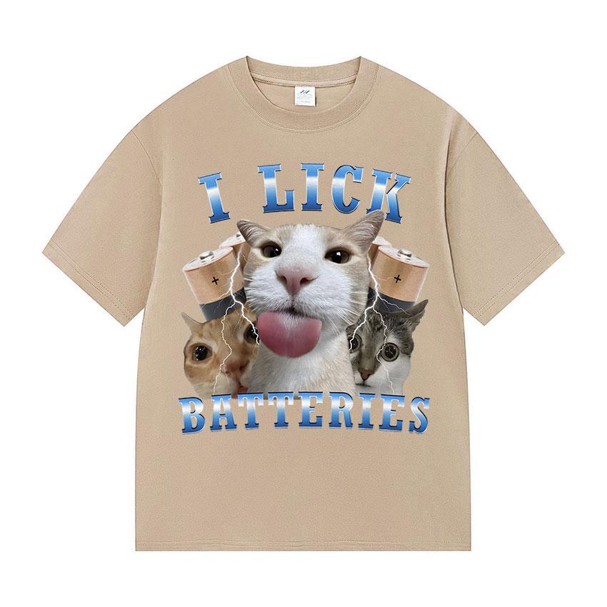 I Lick Batteries Funny Cat Meme Tshirt Men's Women Kawaii Cat Lover Gifts T-shirt Summer O-Neck High Quality 100% Cotton T-shirt