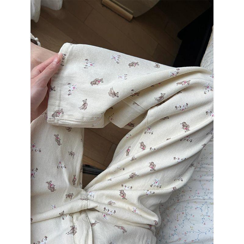 Retro Bear Print Pants Children's Summer New High-waisted Straight Mopping Loose Casual Wide-leg Trousers