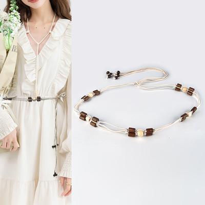 Women's Bohemian Ethnic Style Decorative Thin Belt Beaded Woven Tassel Dress Waist Chain Thin Belt Women