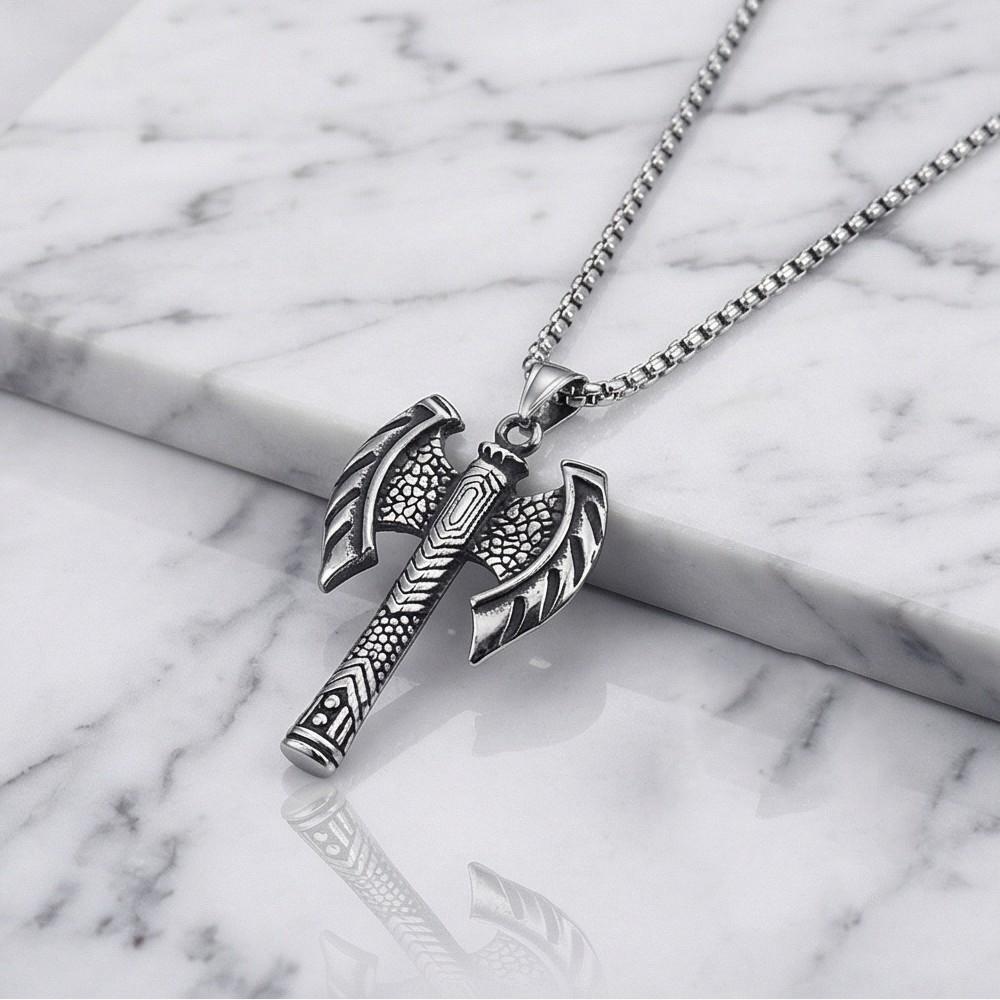 Silver Color Viking Axe Shaped Pendant Necklace Men Vintage Style Stainless Steel Neck Chain Punk Jewelry Fashion Gifts Rock