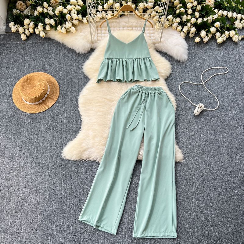 

Summer Wear Women s Korean Style Chic Niche Style Sweet Short Ruffled Spaghetti Straps Tops High Waist Loose Pants Two-piece Set Green One size