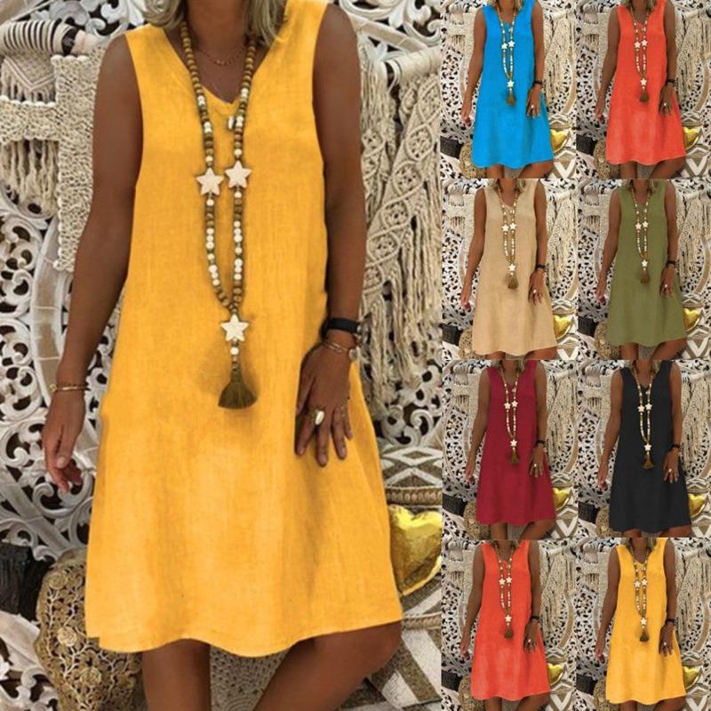 

Summer Fashion V-neck Sleeveless Vest Dress Loose Elegant Plus Size Solid Color Party Casual A-line Dresses Sweet Basic Female Women s Clothing 5XL синій