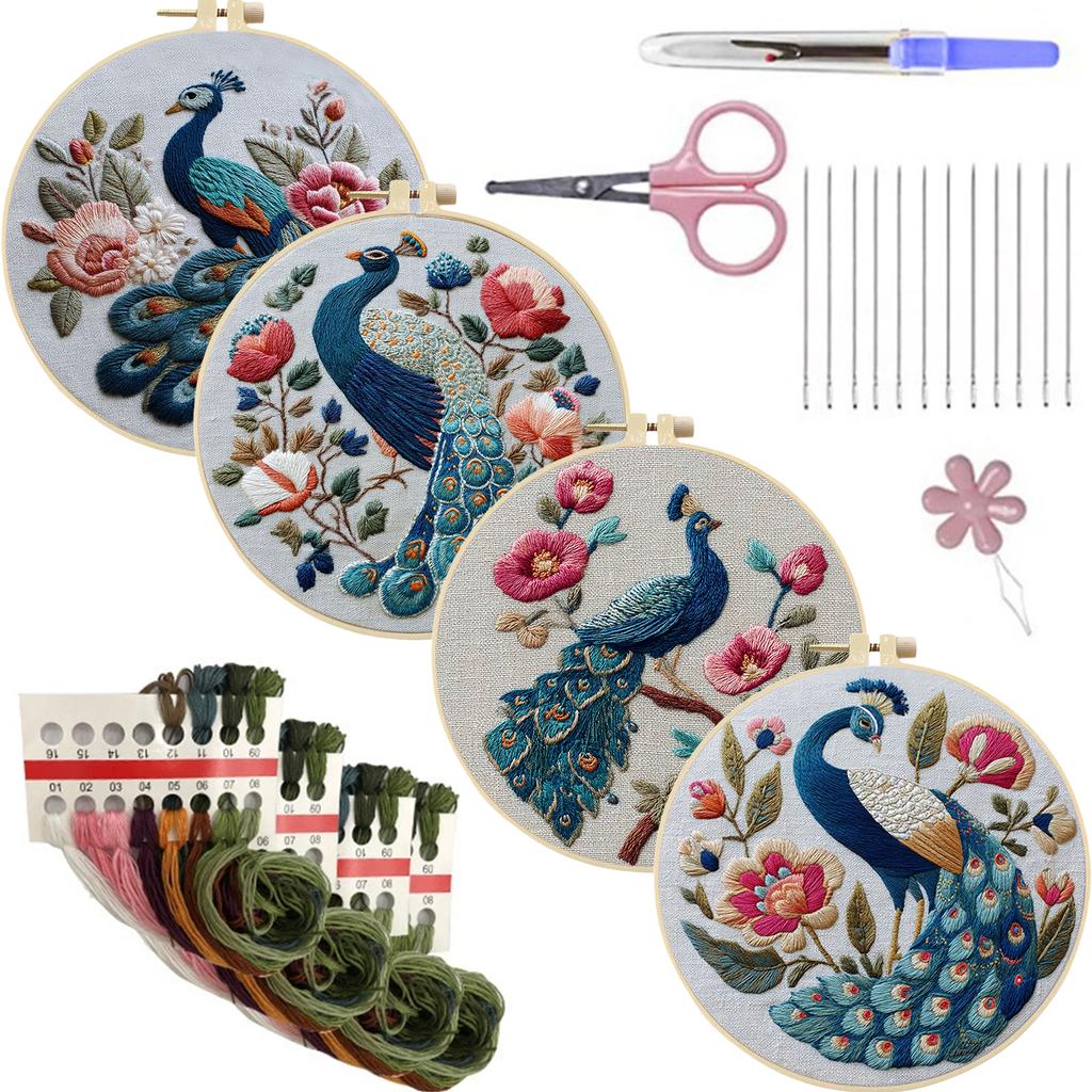 4 Pack Stamped Cross Stitch Kits with Embroidery Hoop Needles Threads Instruction Embroidery Kit Cross Stitch Set for Beginners