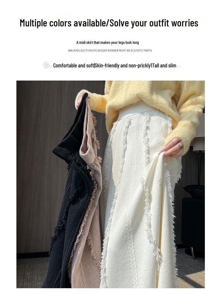 Women's Autumn-Winter White Wool Midi Skirt: High Waist, A-Line with Tassel Detail