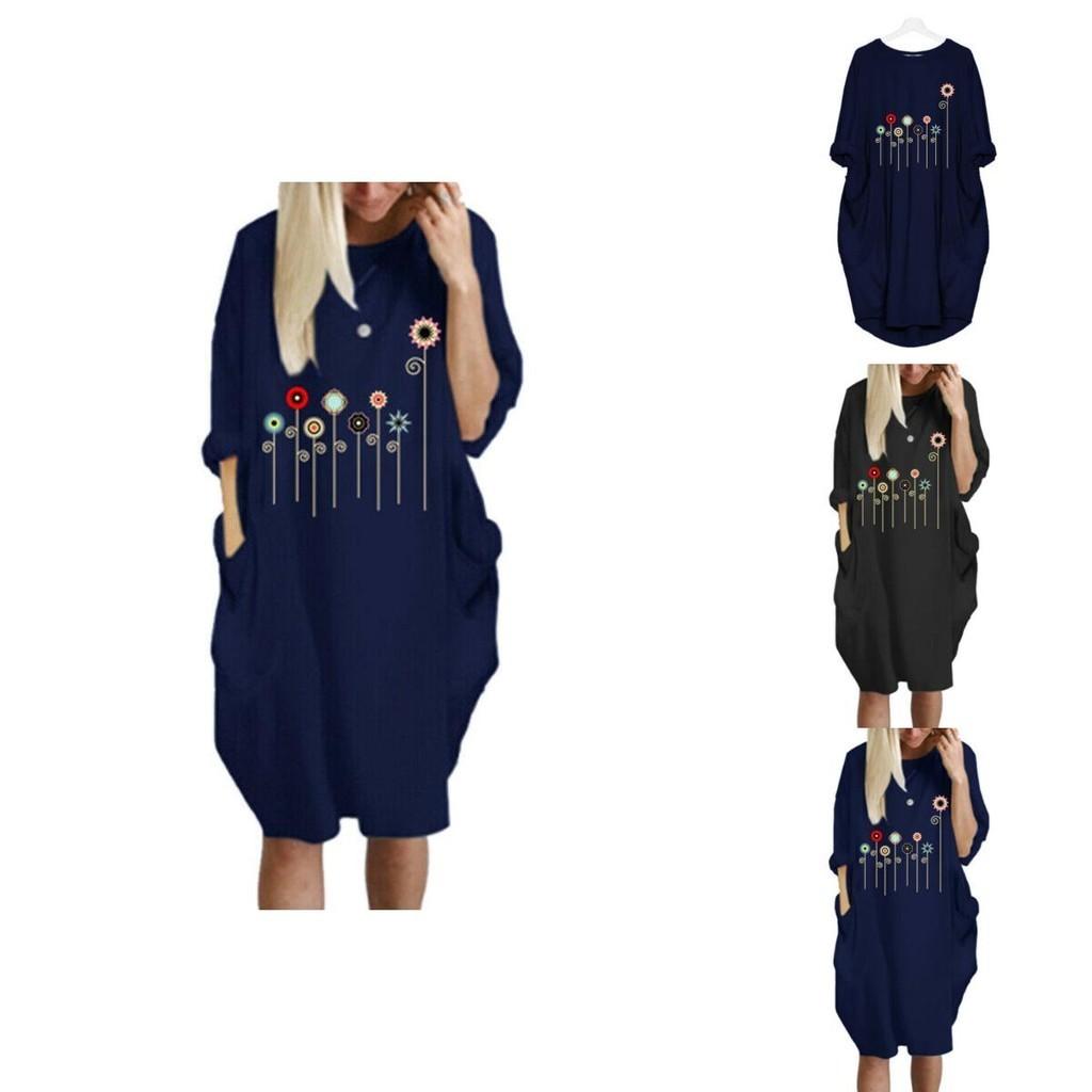 Women Dress Pullover Stylish Loose Fit Short Sleeve Casual Dress With Pocket
