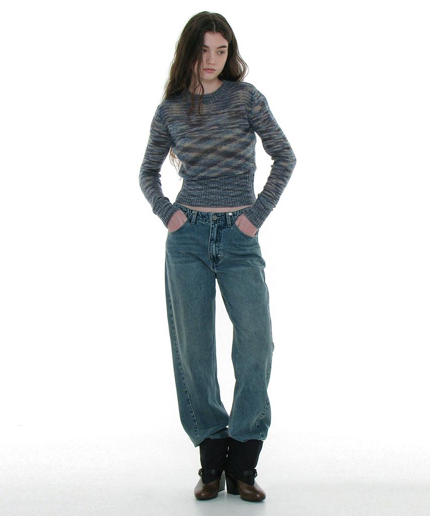 PARTIMENTO WOMEN Sheer Wide Rib Knit Crew Neck_Mix Navy