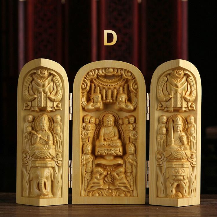 1 Stück Exquisite Buchsbaum-Schnitzerei Guanyin Buddha Statue Westliche Drei Heilige Holzschnitzkunst Handwerk Heimdekoration