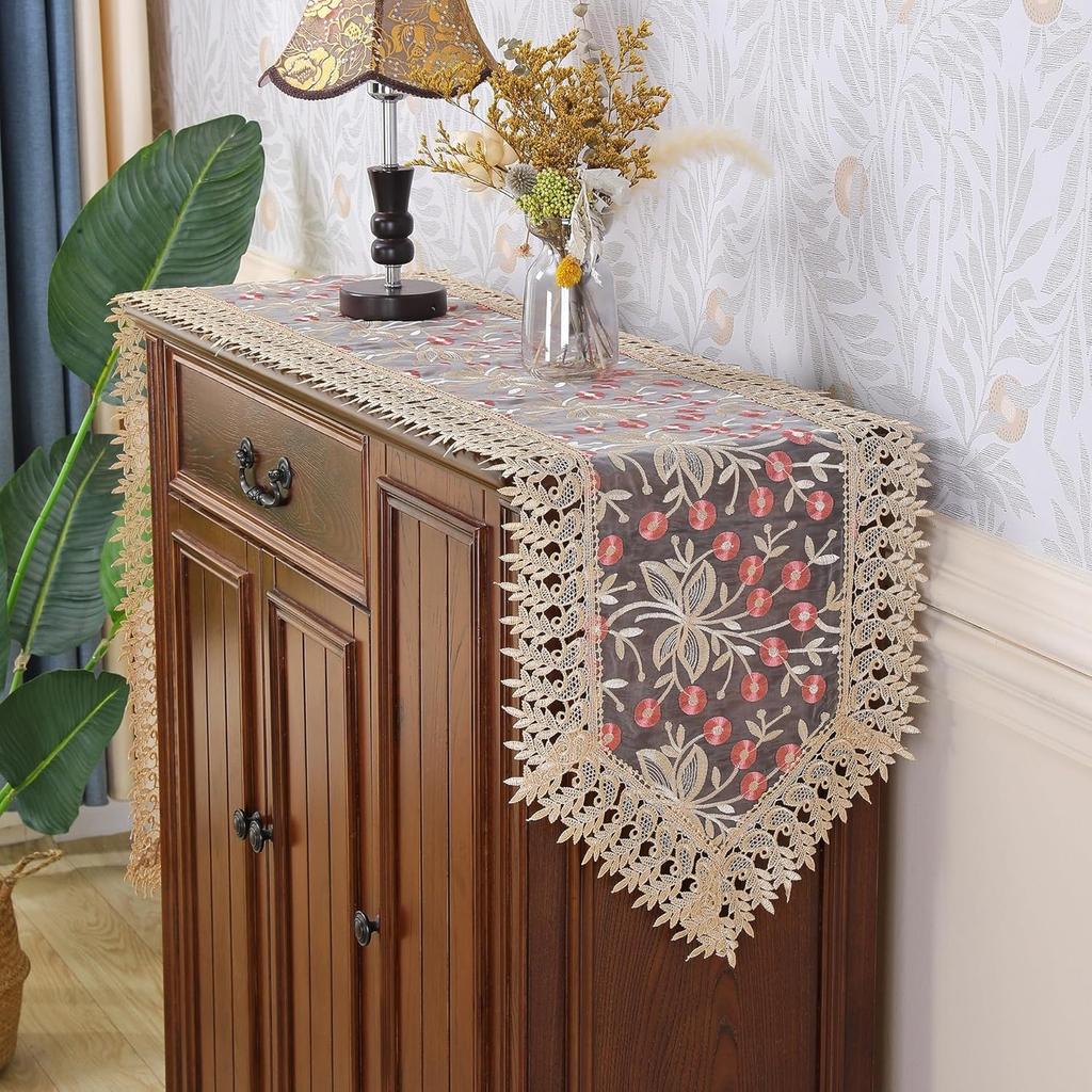 Lace Table Runner Floral Embroidery Fabric Rustic Table Runners Elegant Chic Table Transparent Cover for Home Dining Room Tabletop Decor Wedding