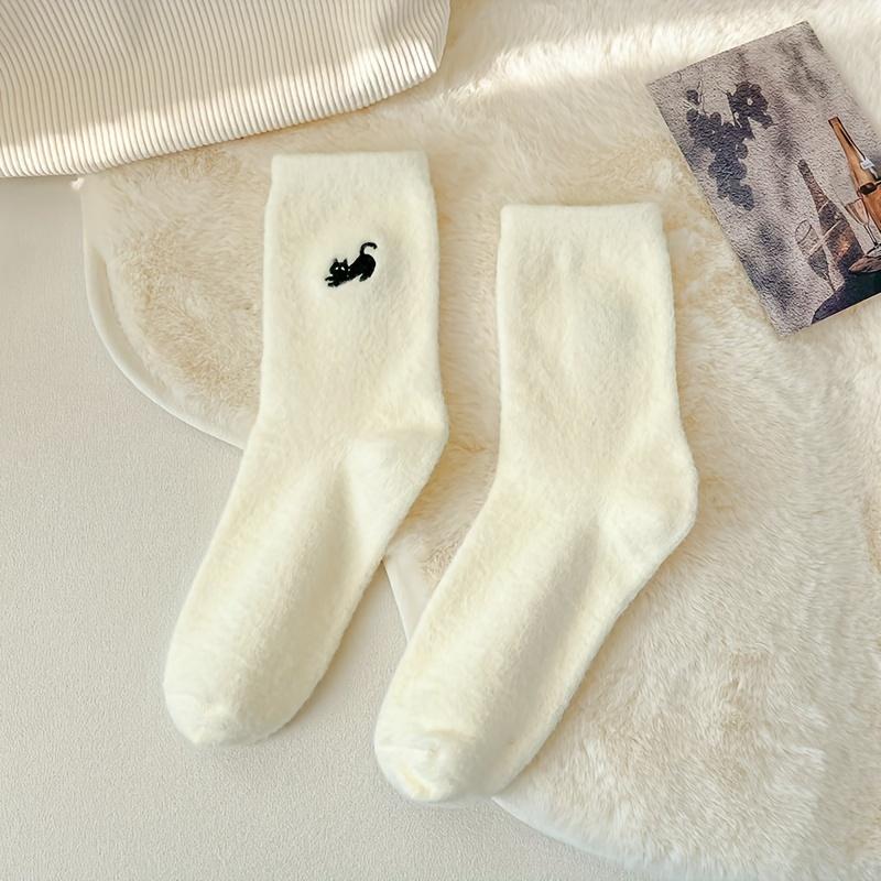 1Pairs Animal Embroidered Socks, Cute & Warm Fuzzy Mid Tube Socks, Women's Stockings & Hosiery